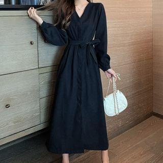 Long-sleeve V-neck Plain Tie-waist Midi Dress