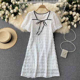 Square-neck Color Block Ruched Short-sleeve Dress
