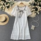 Square-neck Color Block Ruched Short-sleeve Dress