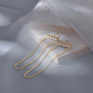 Faux Pearl Chained Earring 1 Pair - White Faux Pearl - Gold - One Size