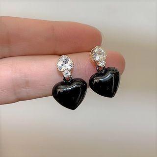 Heart Rhinestone Drop Earring 1 Pair - 925 Silver Stud - Black - One Size