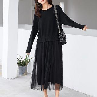 Mock Two-piece Mesh Panel Midi Dress 1226 - Black - One Size