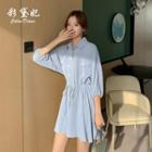 Collared 3/4-sleeve Drawstring-waist Mini A-line Dress
