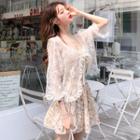 Knit Camisole / Elbow-sleeve Lace Top / Floral Midi Pleated Skirt