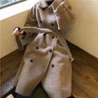 Double-breasted Lapel Fleece Trench Coat With Sash Dark Khaki - One Size