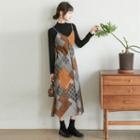 Plain Mock-neck Long-sleeve Top / Plaid Sleeveless Dress