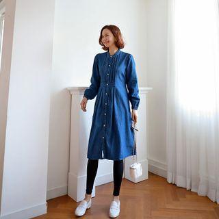 Mandarin-collar Pintuck Denim Shirtdress