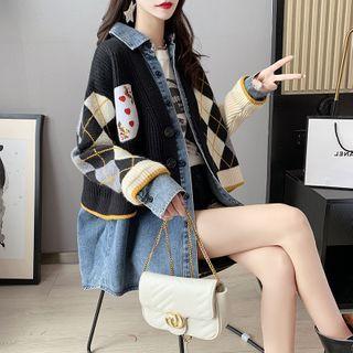 Mock Two-piece Argyle Knit Panel Denim Jacket