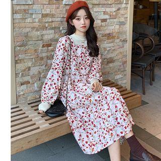 Floral Print Square-neck Long-sleeve A-line Midi Dress