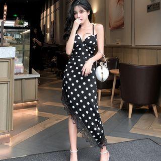 Lace Trim Dotted Spaghetti Strap Dress