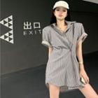 Short-sleeve Irregular Striped Shirt Gray - One Size