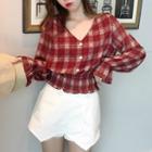 Plaid V-neck Blouse Red - One Size