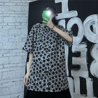 Flower Print Elbow-sleeve Shirt / Mesh Irregular Hem Midi Skirt