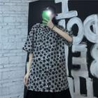 Flower Print Elbow-sleeve Shirt / Mesh Irregular Hem Midi Skirt