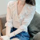 Short-sleeve Lace Trim Double-breasted Blouse