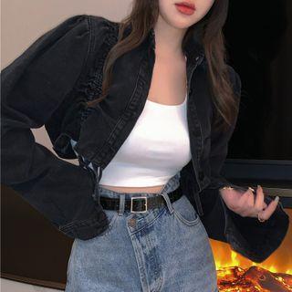 Plain Drawstring Long-sleeve Denim Jacket Black - One Size