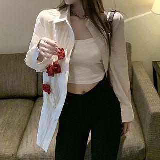 Long Sleeve Rose Accent Shirt Off-white - One Size