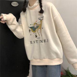 Cartoon Embroidered Lace Trim Mock-neck Sweatshirt