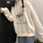 Cartoon Embroidered Lace Trim Mock-neck Sweatshirt