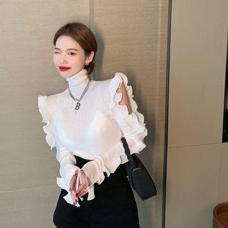 Mock-neck Cold-shoulder Ruffled Knit Top