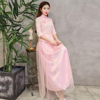 Set: 3/4-sleeve Qipao Top + Sheer Panel Maxi Skirt