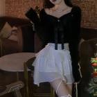Long-sleeve Square-neck Bow Blouse Blouse - Black - One Size