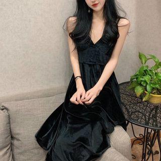 Spaghetti-strap V-neck Velvet A-line Dress Black - One Size