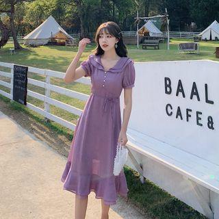 Balloon-sleeve Double Collar Midi A-line Dress
