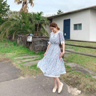 Eyelet Lace Collar Floral Print Dress With Belt