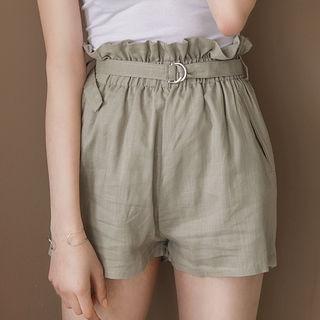 Belted Paperbag-waist Linen Blend Shorts