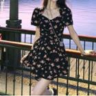 Short-sleeve Floral Mini A-line Dress / Halter Mini Dress