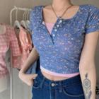 Flower Print Short-sleeve T-shirt Blue - One Size