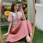 Puff-sleeve Floral Print Tie-neck Blouse / Midi A-line Skirt