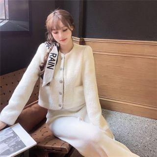 Furry Slim-fit Jacket / Plain Knit Pants
