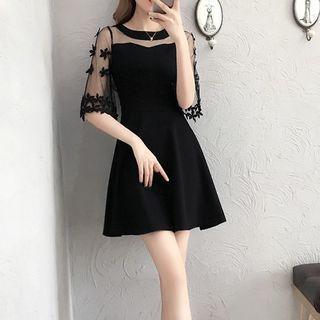 Elbow-sleeve Floral Trim A-line Dress