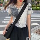 Short-sleeve Tie-dyed Ribbed T-shirt Gray & White - One Size