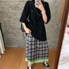 Short-sleeve Lettering Chain Accent T-shirt / Frayed Plaid Skirt
