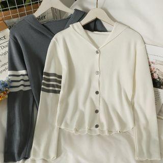 Stripe-trim Button-up Hooded Cardigan