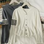Stripe-trim Button-up Hooded Cardigan