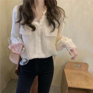Long-sleeve V-neck Lace Trim Knit  Top