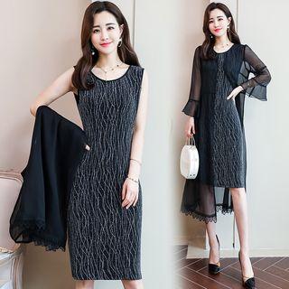 Set: Bell-sleeve Midi Mesh Dress + Sleeveless Straight-fit Dress