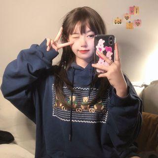 Bear Printed Hoodie Navy Blue - One Size
