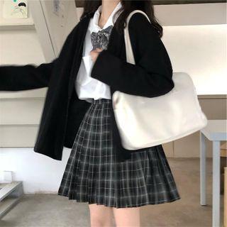 Tie-neck Shirt / Cardigan / Plaid Pleated Mini A-line Skirt