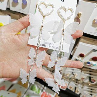 Chiffon Butterfly Faux Pearl Heart Fringed Earring 1 Pair - As Shown In Figure - One Size