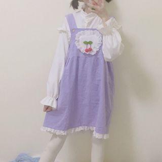 Frilled Long-sleeve Blouse / Cherry Detail Pinafore Dress