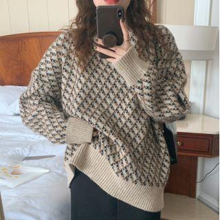 Mock-neck Argyle Sweater Almond - One Size