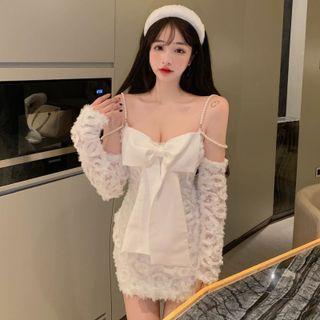 Long-sleeve Cold Shoulder Faux Pearl Lace Mini Sheath Dress