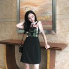 Sleeveless Ruffled Embroidered A-line Mini Dress Black - One Size
