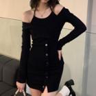 Mock Two-piece Cold-shoulder Knit Dress Black - One Size