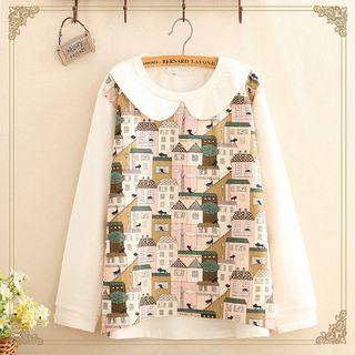 Collared House & Cat Print Sweatshirt
